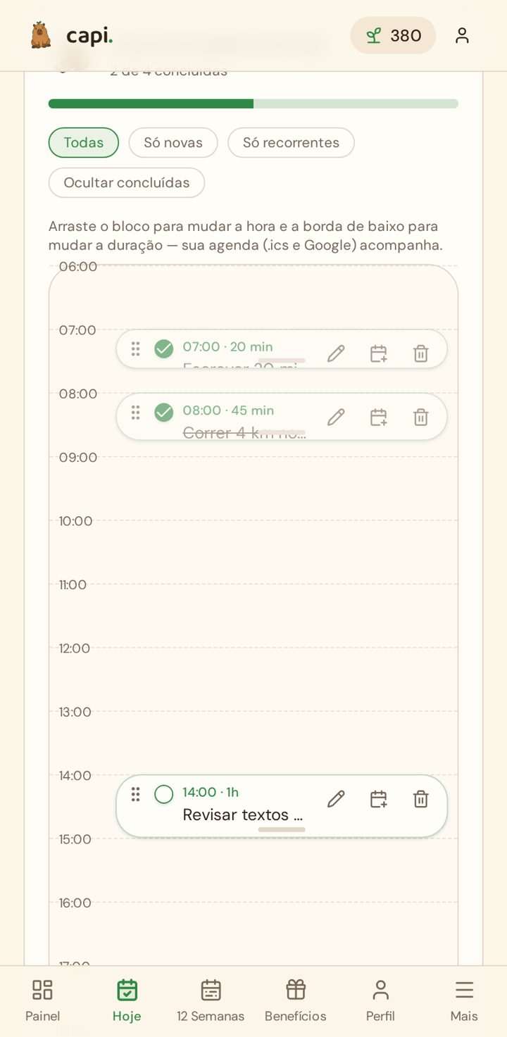 Tela Hoje do Capi Planner com atividades em blocos de horário e filtros de tarefas.