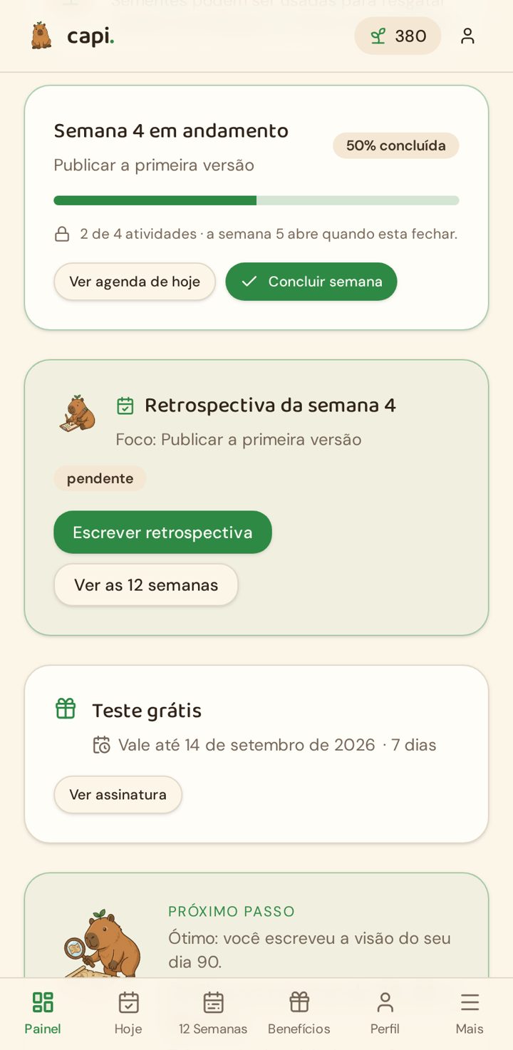 Tela Painel do aplicativo Capi Planner mostrando a semana 4 em andamento, 50% concluída, e o card de retrospectiva.